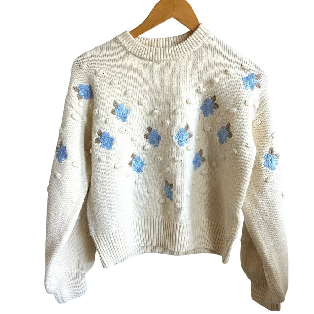 FASHION UNION Chunky Knit Floral Knit Embroidered Cream Sweater US 6
